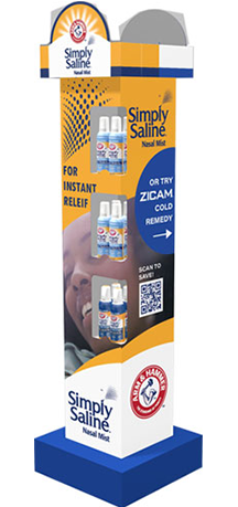 Retail display featuring Simply Saline nasal mist bottles, promoting instant relief and Zicam cold remedy with a QR code.