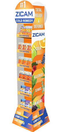 Zicam retail display showcasing cold remedy products with categories for cold, flu, allergy, sinus, and immune support.