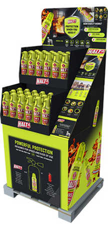Retail display featuring HALT fire extinguishers, highlighting powerful protection and safety features for consumers.