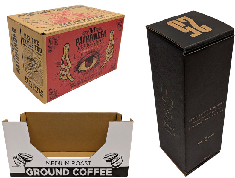 Three distinct packaging designs: a colorful hemp product box, a plain coffee box, and an elegant whiskey bottle box.