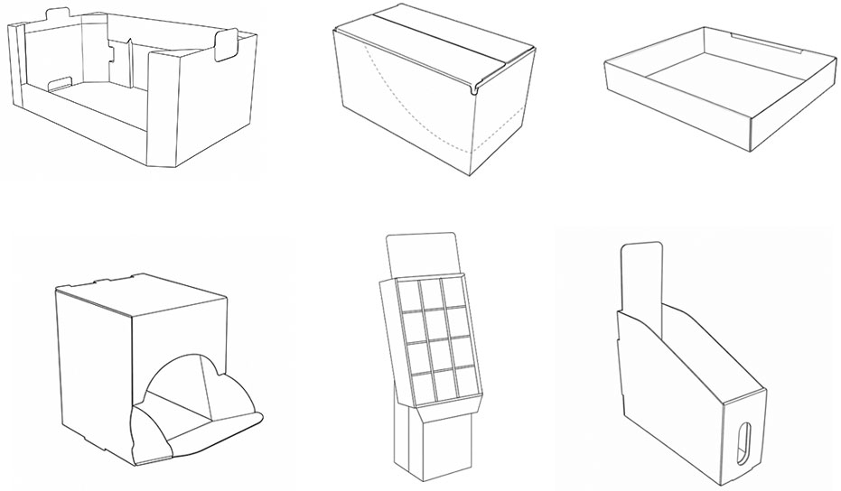 Various industrial packaging designs, including boxes and trays, illustrated in a simple line drawing style.