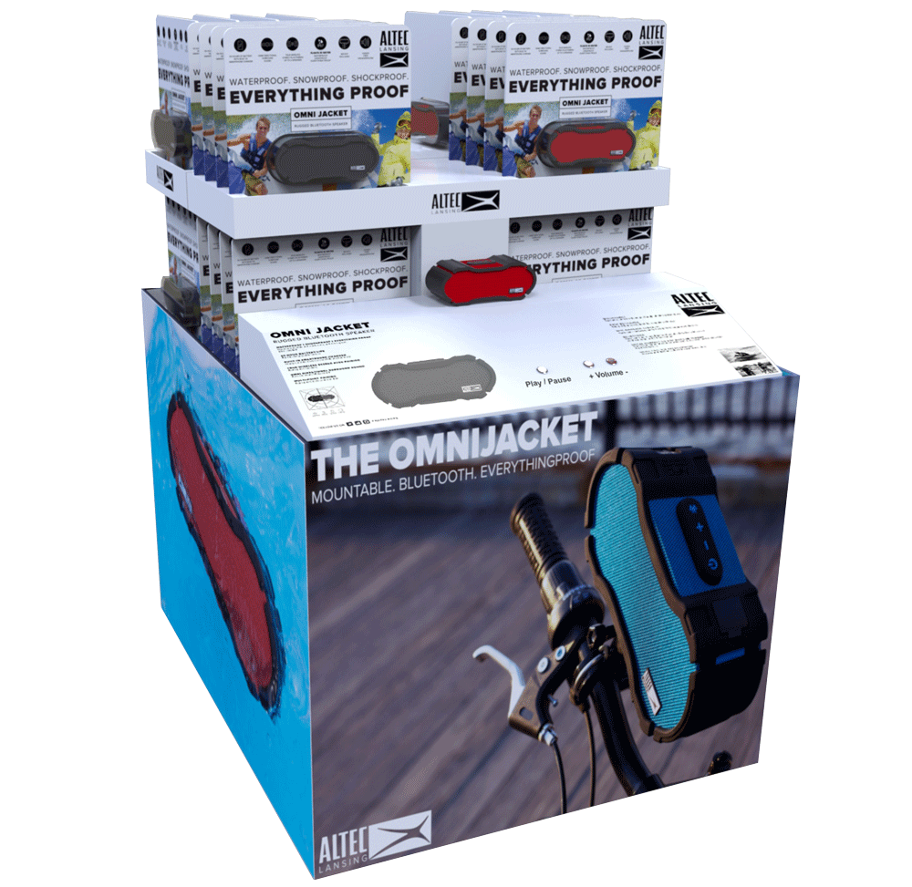 Display of the OmniJacket, a waterproof, mountable Bluetooth speaker, showcased in a retail setting.
