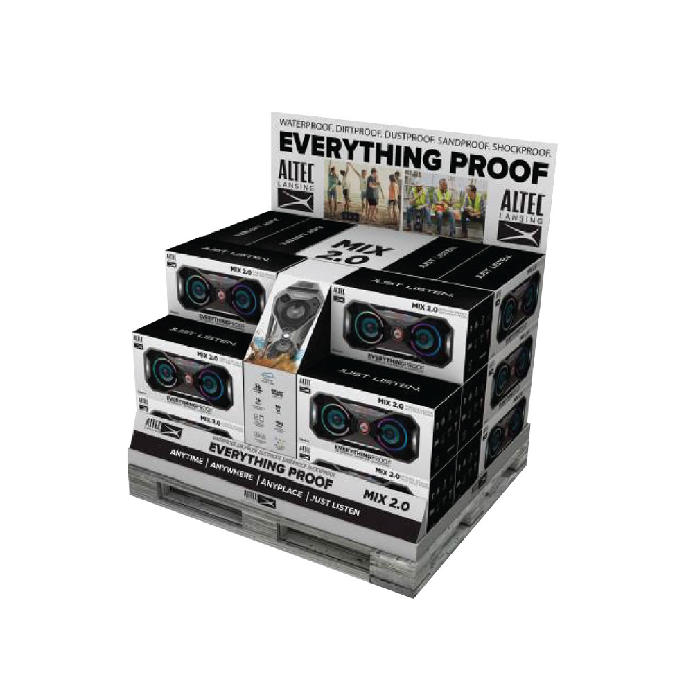 Display showcasing Altec Lansing's waterproof and durable MIX 2.0 speakers, emphasizing versatility and resilience.