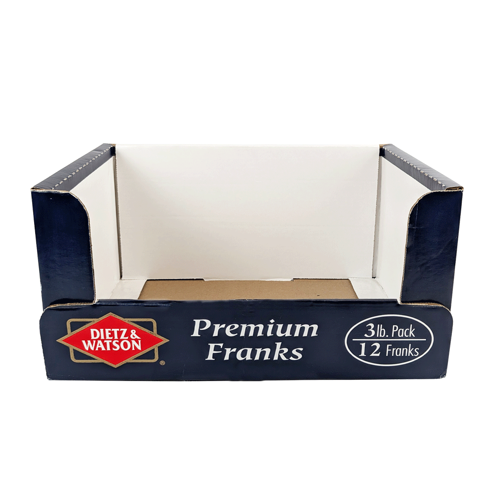 Cardboard display tray for Dietz & Watson Premium Franks, designed for retail packaging of 3 lb packs containing 12 franks.