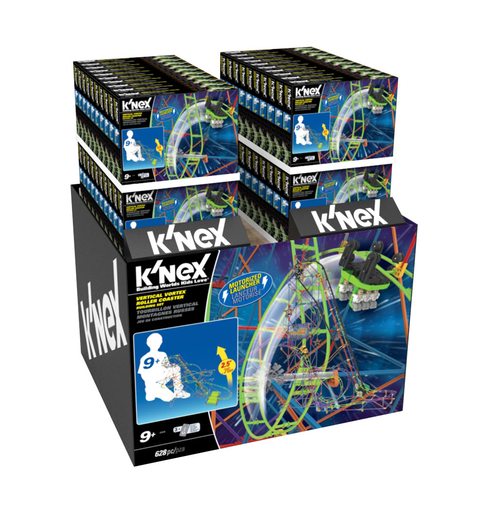 K'NEX Vertical Vortex Roller Coaster set displayed in a retail box, featuring motorized launchers and 628 pieces for ages 9+.