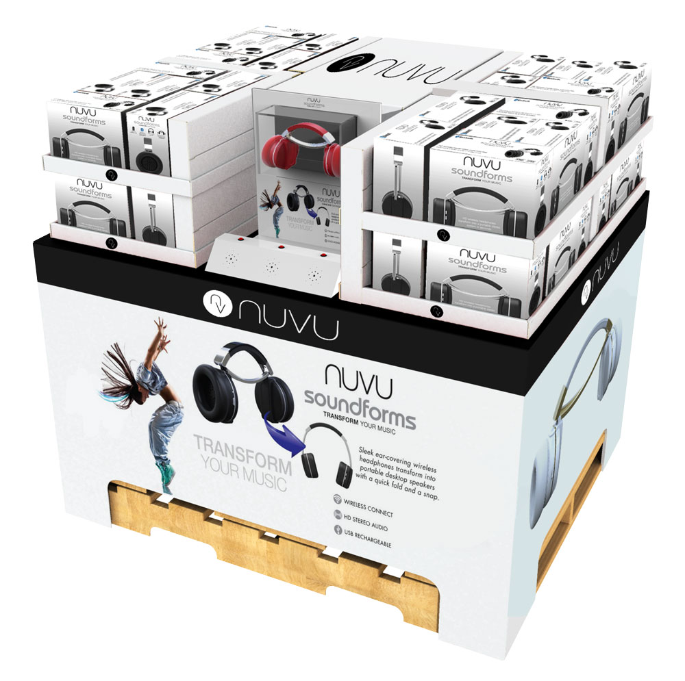 Display of Nuvu Soundforms headphones on a pallet, highlighting their wireless features and transformation into speakers.