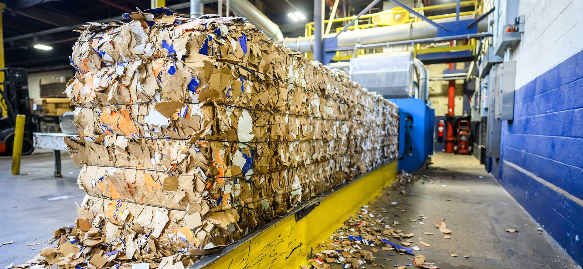 Baled cardboard ready for recycling in a processing facility, highlighting sustainable waste management practices.