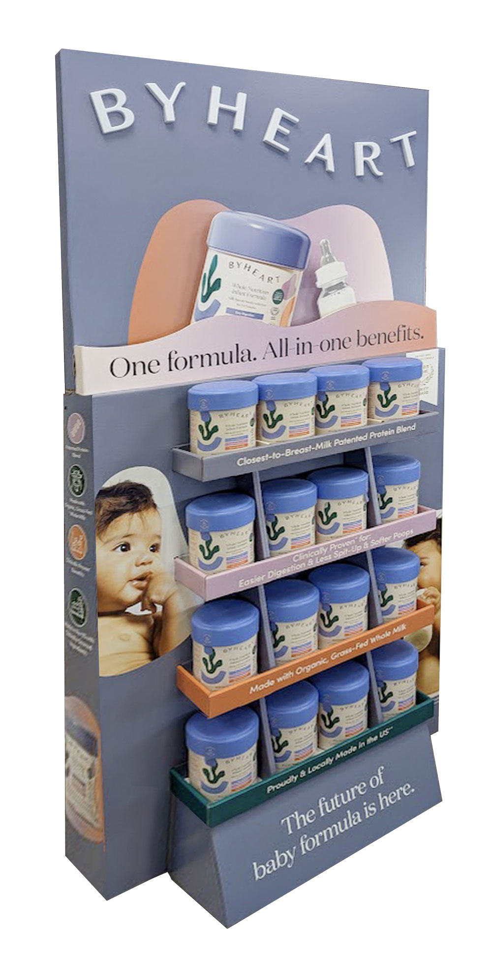 BYHEART display showcasing baby formula benefits, emphasizing organic ingredients and closeness to breast milk.